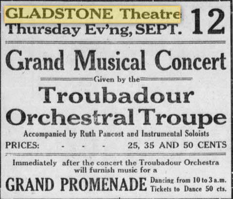 Gladstone Theatre - 11 Sep 1912 Ad (newer photo)